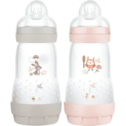 MAM Babyfles Easy Start Anti-koliek-Elementen 260 Ml 2 Stuks Konijn/uil In Grijs/roze