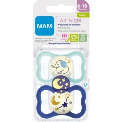 MAM Fopspeen Air Night Silicone, 6-16 Maanden, 2 Stuks, Elephant/Stars -Lief En Klein mam fopspeen air night silicone 6 16 maanden 2 stuks elephant stars a382589 2