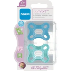 MAM Fopspeen Comfort Silicone, 0+ Maanden, 2st, Blauw + Turkoois -Lief En Klein mam fopspeen comfort silicone 0 maanden 2st blauw turkoois a382436 2