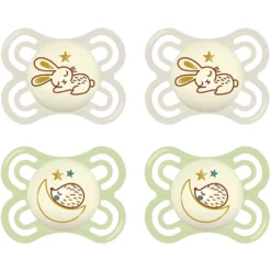 MAM Fopspeen Perfect Night Silicone 0-6 Maanden, Konijn/egel 4 Stuks Beige/groen,