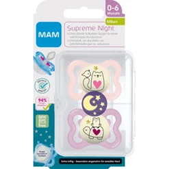 MAM Fopspeen Supreme Night Silicone, 0-6 Maanden, 2st, Kat/kikker -Lief En Klein mam fopspeen supreme night silicone 0 6 maanden 2st kat kikker a382634 2