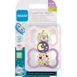 MAM Fopspeen Supreme Night Silicone, 6-16 Maanden, 2 Stuks, Kat/sterren -Lief En Klein mam fopspeen supreme night silicone 6 16 maanden 2 stuks kat sterren a382645 2