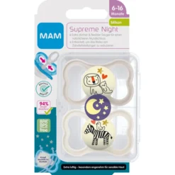 MAM Fopspeen Supreme Night Silicone, 6-16 Maanden, 2 Stuks, Leeuw/Zebra -Lief En Klein mam fopspeen supreme night silicone 6 16 maanden 2 stuks leeuw zebra a382646 2