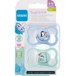 MAM Fopspeen Supreme Silicone, 6-16 Maanden, 2st, Walvis/beer -Lief En Klein mam fopspeen supreme silicone 6 16 maanden 2st walvis beer a382638 2
