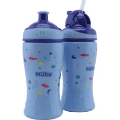 Nuby Nûby Drinkrietfles En Drinkfles Met Pop-Up Sluiting 360ml Vanaf 12 Maanden, Blauw, 2 Stuks